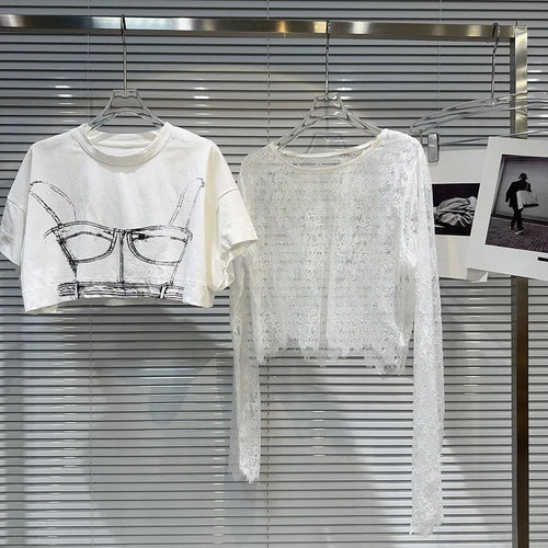 Heidi-Mode | Gemustertes Gedrucktes Kurzarm Wellen Spitzen T-Shirt Zwei Teile Set für Frauen Frühling Neue Artikel Lässige Kleidung