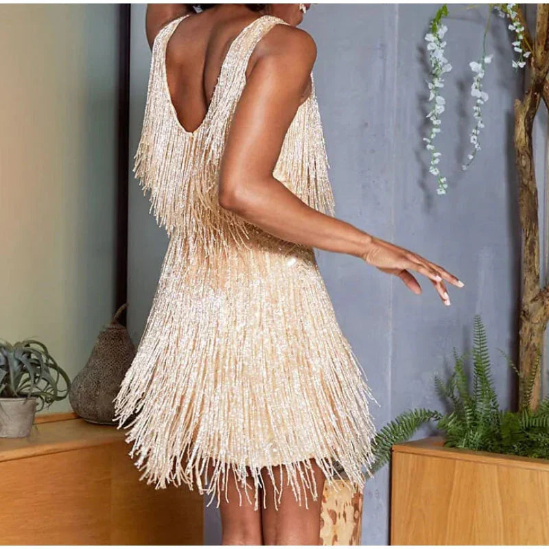 Heidi-Mode | Kleid Gold Pailletten Fransen Mini Kleid
