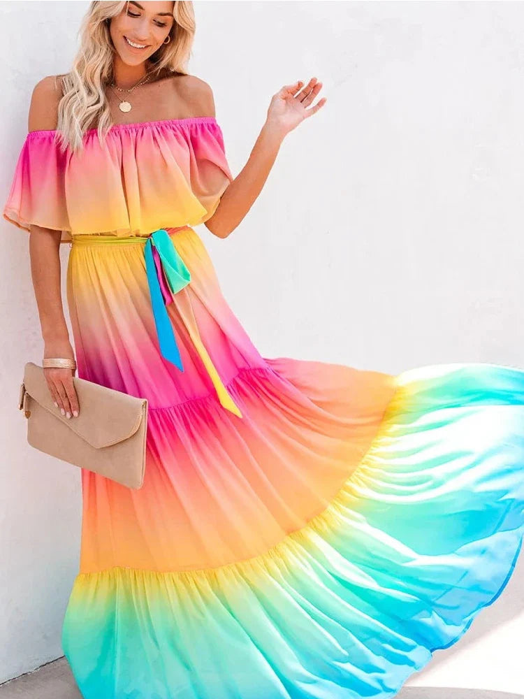 Heidi-Mode | Mehrfarbig Bohemian Rüsch Off Shoulder Selbst Gürtelt Festkleid Baumwolle Tunika Frauen Boho Maxi Kleider Vestidos A324