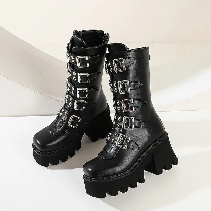 Heidi-Mode | Gothic Schuhe Frauen Schwarz Hochstiefel Weiblich Hohe Absatz Frauen Combat Punk Chunky Dame