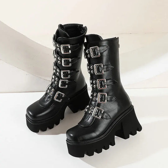 Heidi-Mode | Gothic Schuhe Frauen Schwarz Hochstiefel Weiblich Hohe Absatz Frauen Combat Punk Chunky Dame