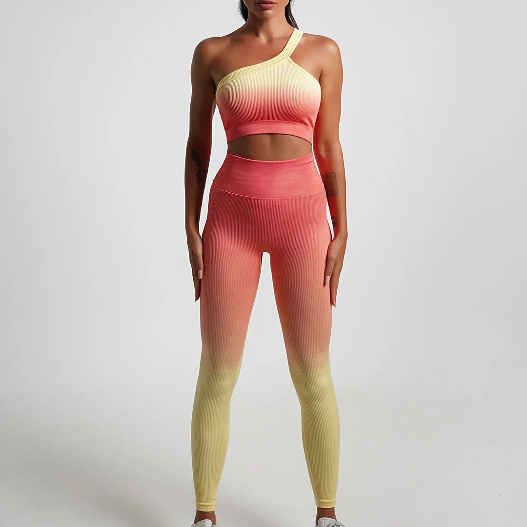 Heidi-Mode | Nahtlose Gradient Yoga Set Sport Fitness Hohe Taille Hip Lifting Hosen Langarm Anzüge Training Fitness Leggings Set für Frauen