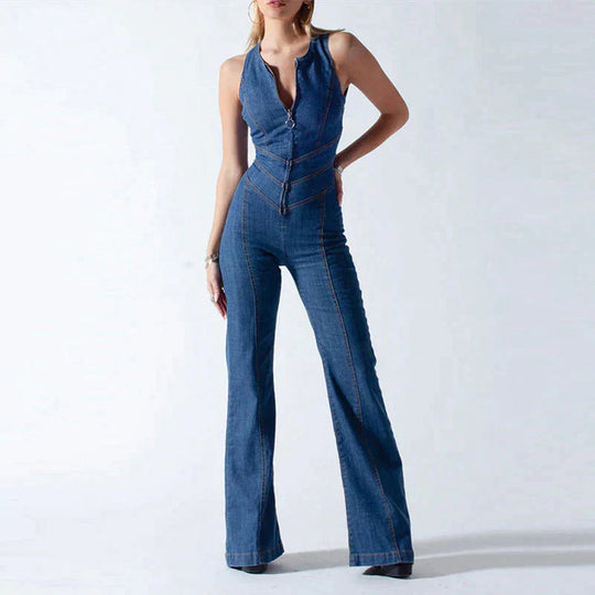 Figurbetonter Denim-Jumpsuit mit offenem Rücken