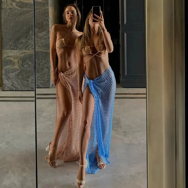 Heidi-Mode | Häkel Strand Abdeckung Sexy Transparente Kleid für Frauen Strick Lange Röcke Mesh Hohle Durch Wickel Weiß Midi Rock
