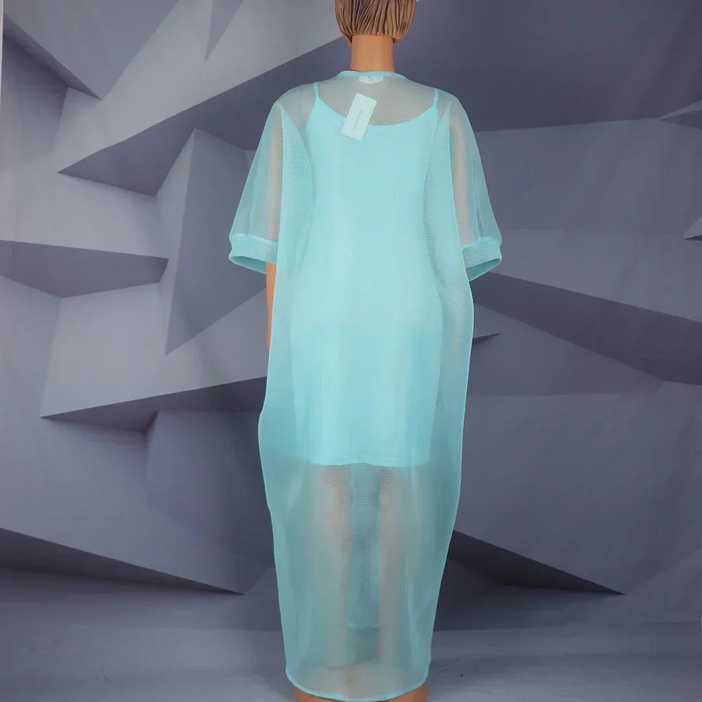 Heidi-Mode | Afrikanisches Modernes Design Blau Mesh Bestickt Tiefer V-Ausschnitt Plus Size Rock mit Unterrock Afroamerikanische Frauen Kleid