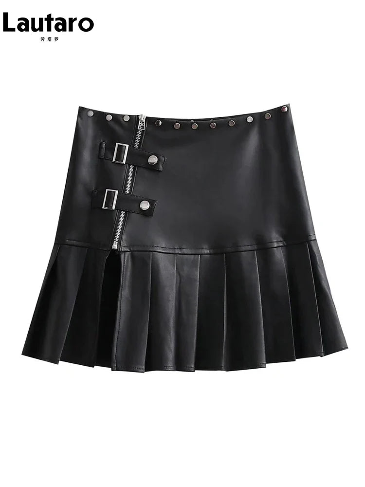 Heidi-Mode | Lautaro Frühling Sommer Sexy Retro Weiß Schwarz Pu Leder Mini Gefalteter Rock Damen Reißverschluss Niet Seiten Schlitz Kurz Designer Kleidung