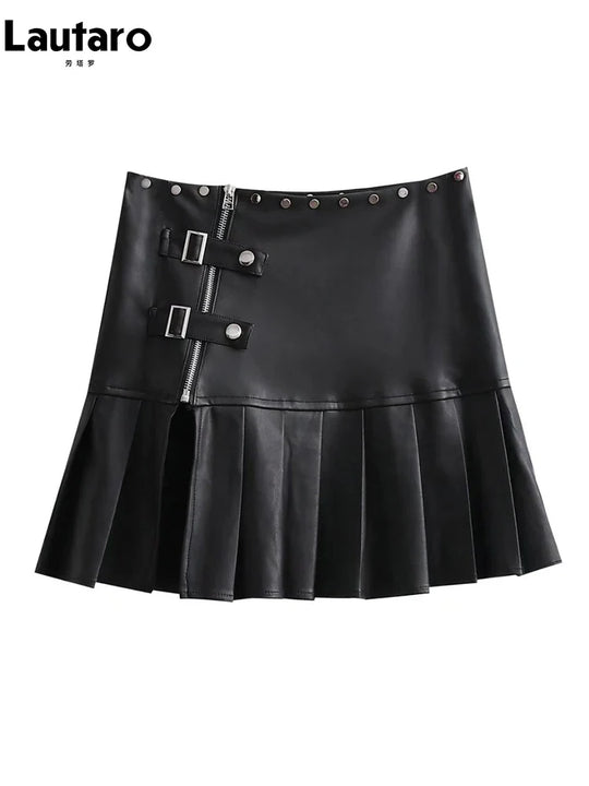 Heidi-Mode | Lautaro Frühling Sommer Sexy Retro Weiß Schwarz Pu Leder Mini Gefalteter Rock Damen Reißverschluss Niet Seiten Schlitz Kurz Designer Kleidung