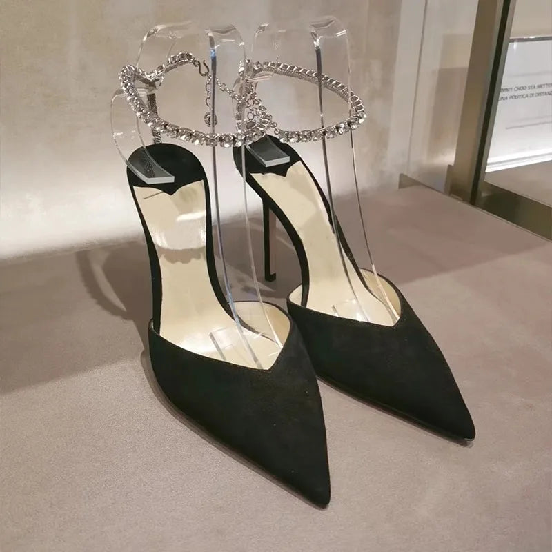 Heidi-Mode | Satin Strass Kette High Heels Schuhe Pumps