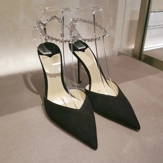 Heidi-Mode | Satin Strass Kette High Heels Schuhe Pumps