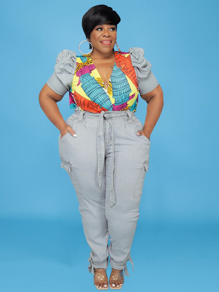 Heidi-Mode | Denim Set mit Puffärmeln und Übergrößen Jeans