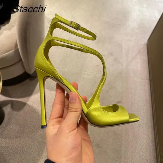 Heidi-Mode | Damen Luxus Sandalen Sommer Pink Satin Offene Zehe Stiletto Sandalen Einfache Hohe Absätze Damen Pumps Knöchelriemen Designer Schuhe