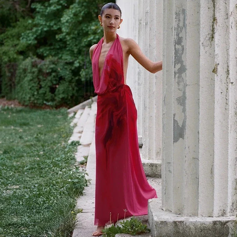 Heidi-Mode | Halter Offene V-Rückenlose Maxi Kleider