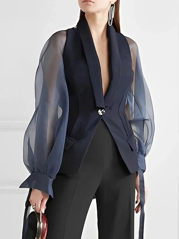 Heidi-Mode | Bonboho Blaue Jacke Anzugtop für Frauen Revers V-Ausschnitt Puffärmel Geknöpfte Bluse & Bluse für Urban Feminine Frühling und Sommer Tops