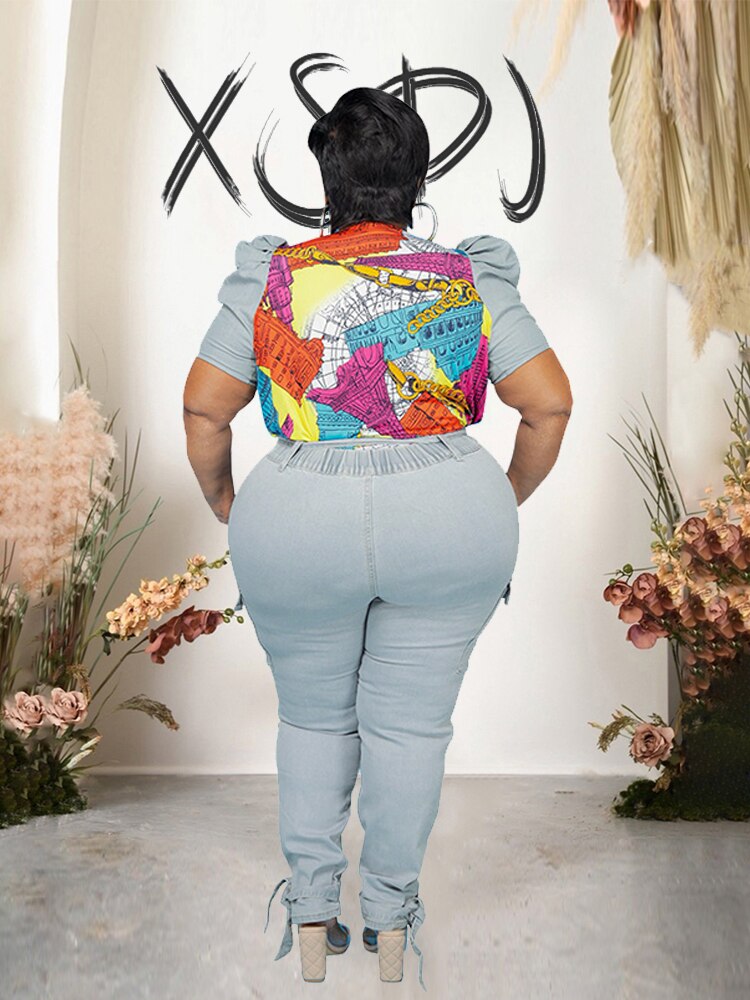 Heidi-Mode | Denim Set mit Puffärmeln und Übergrößen Jeans