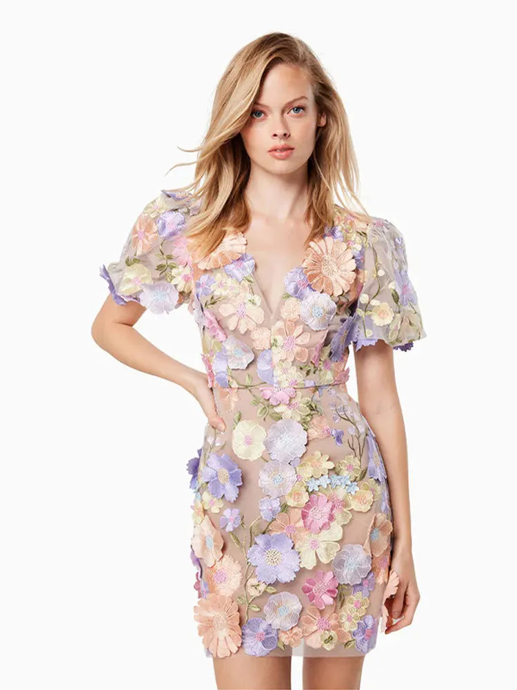 Heidi-Mode | Runway Frühling/Sommer Neu Mesh 3D Blumenstickerei Perspektiv Abend Prom Kleid Frauen Urlaub Robe Vestido Fest