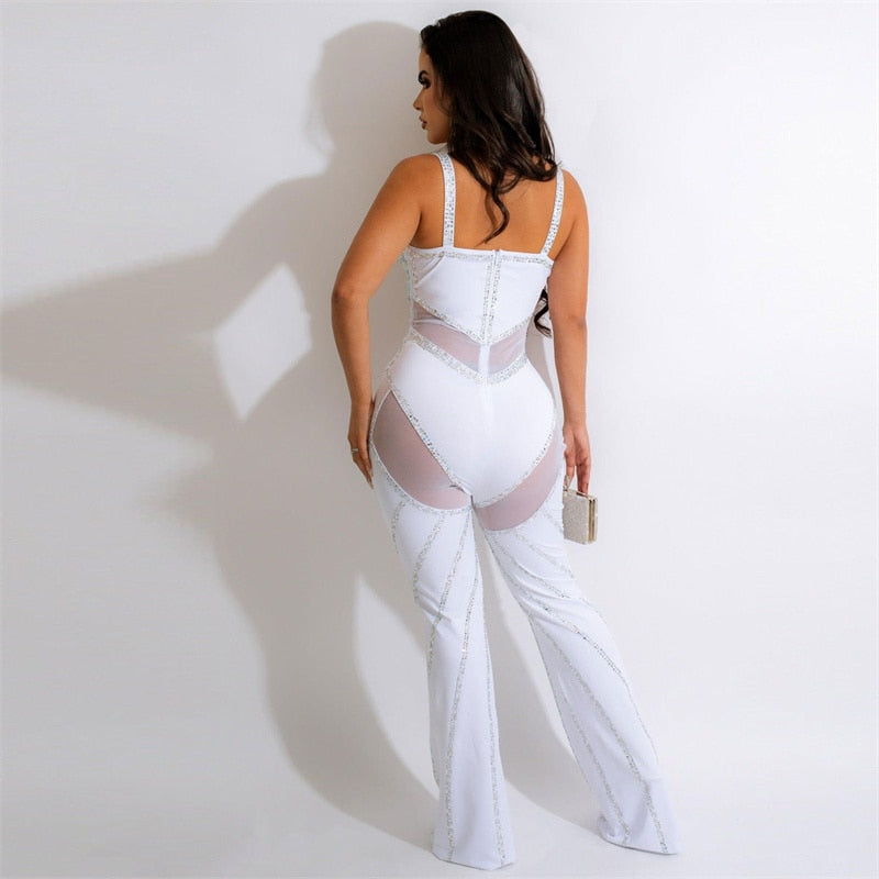Heidi-Mode | Diamanten Netz Rückenfreies Schlaghose Overall
