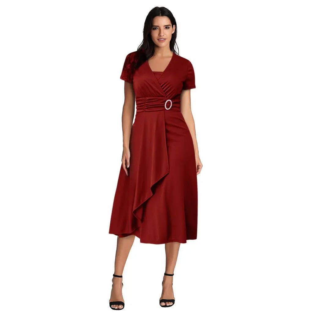 Heidi-Mode | Elegante Frauen Einfarbig Kurzarm V-Ausschnitt Asymmetrischer Saum Tailliert Midi Festkleid Damen Abendkleider