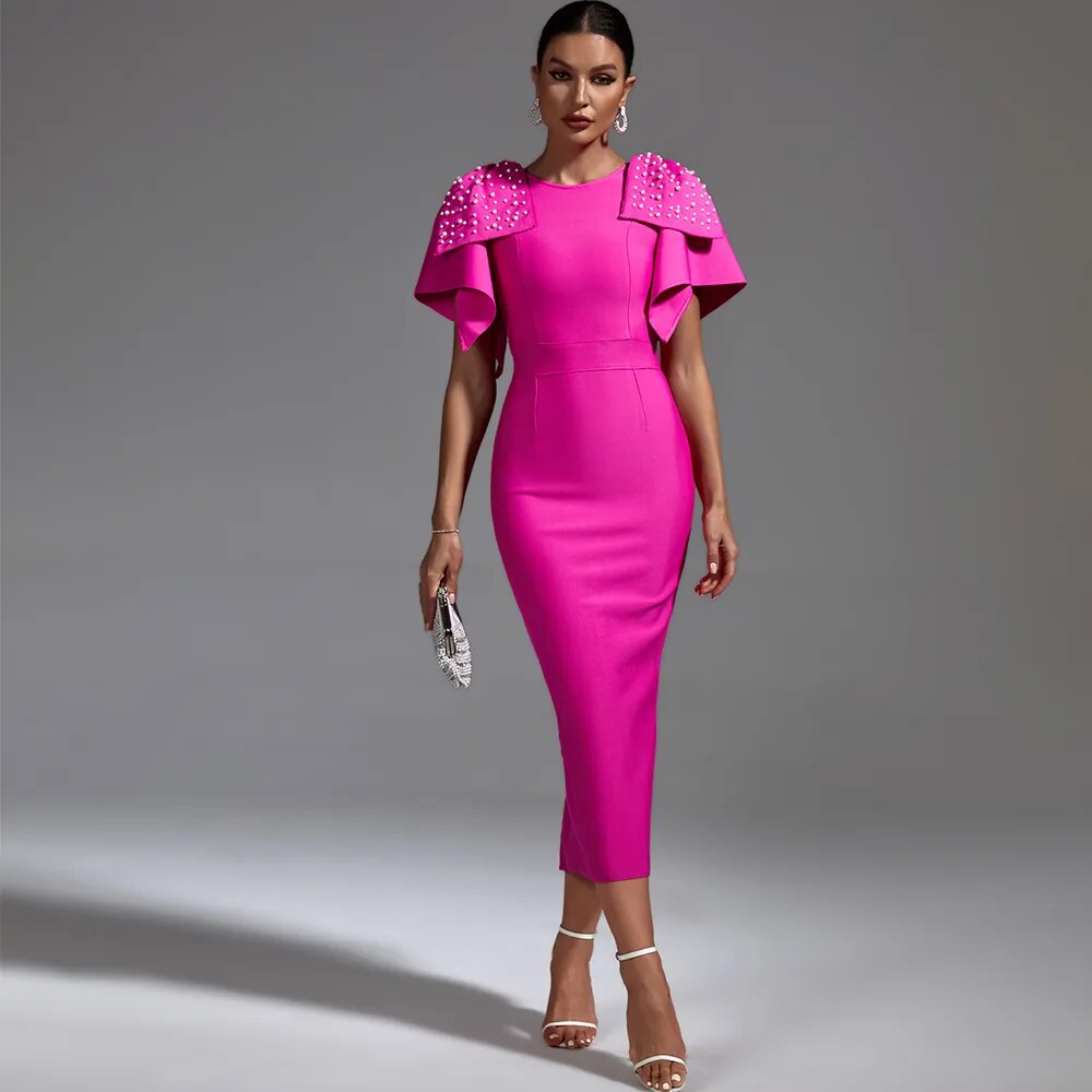 Luxe Fuchsia Perlen Rüsche Ärmel Bandage Midi Kleid für Damen