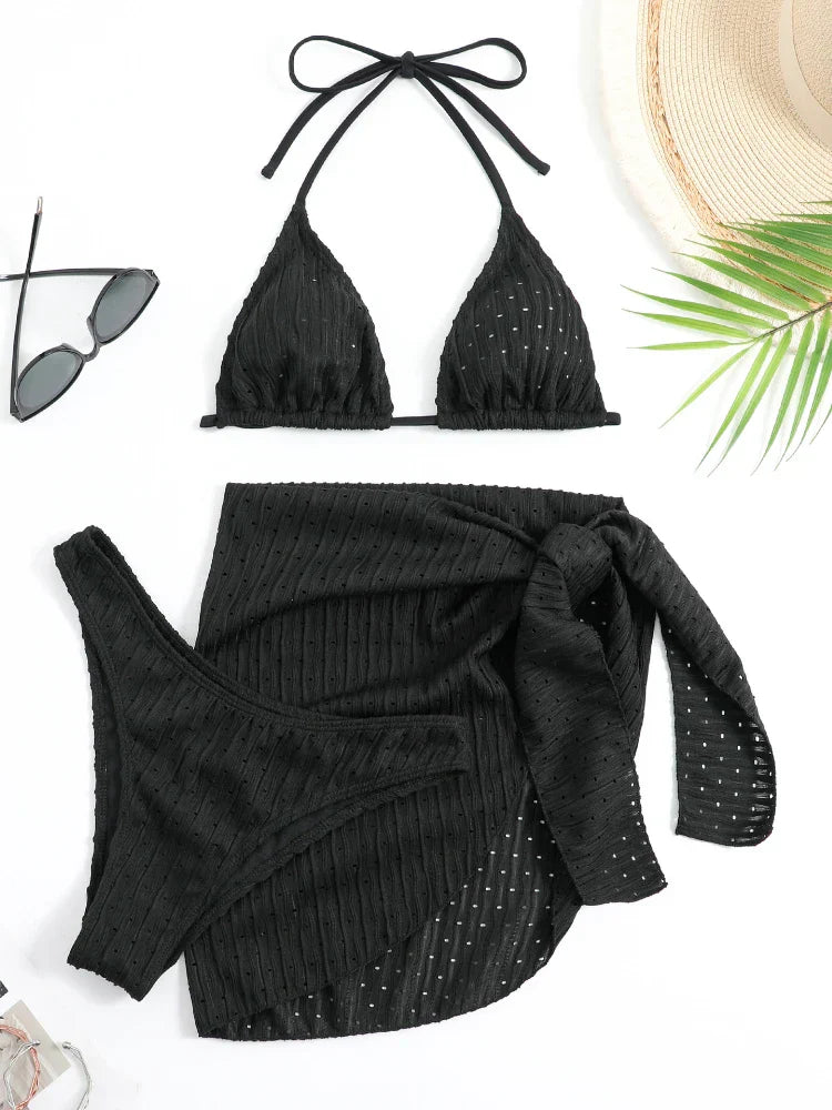 Heidi-Mode | Neu 3 Teile Set Bademode Frauen Thong Bademode Sexy Mikro Bikini Set mit Sarong Rock Weiß Strandmode Badehose Pink