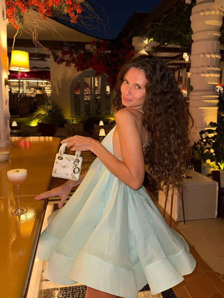 Heidi-Mode | Elegante Gelbe Plissierte A-Linie Mini Kleid Frauen Sexy Ohne Ärmel Offener Rücken Schnürkleider Sommer Damen Urlaub Strand Kleider