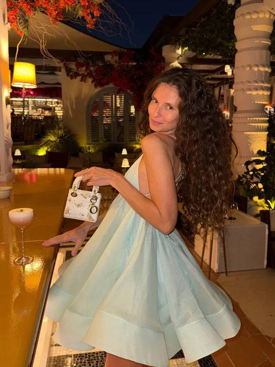 Heidi-Mode | Elegante Gelbe Plissierte A-Linie Mini Kleid Frauen Sexy Ohne Ärmel Offener Rücken Schnürkleider Sommer Damen Urlaub Strand Kleider