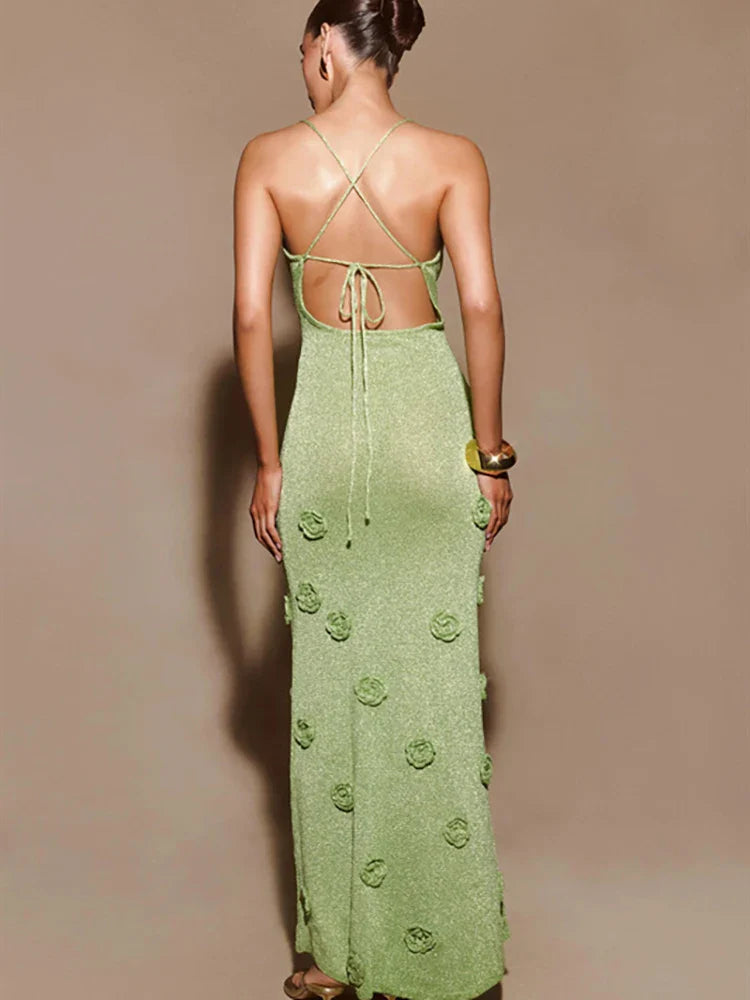 Heidi-Mode | 3D Blumen Rückenfrei Lang Kleid