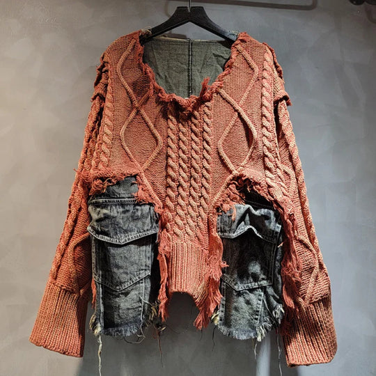 Heidi-Mode | Herbst Neue Waren Mode Frauen Twists Strick Splice Denim Kurz Pullover Locker Rundhalsausschnitt Langärmelig für Die Oberseite Weiblich