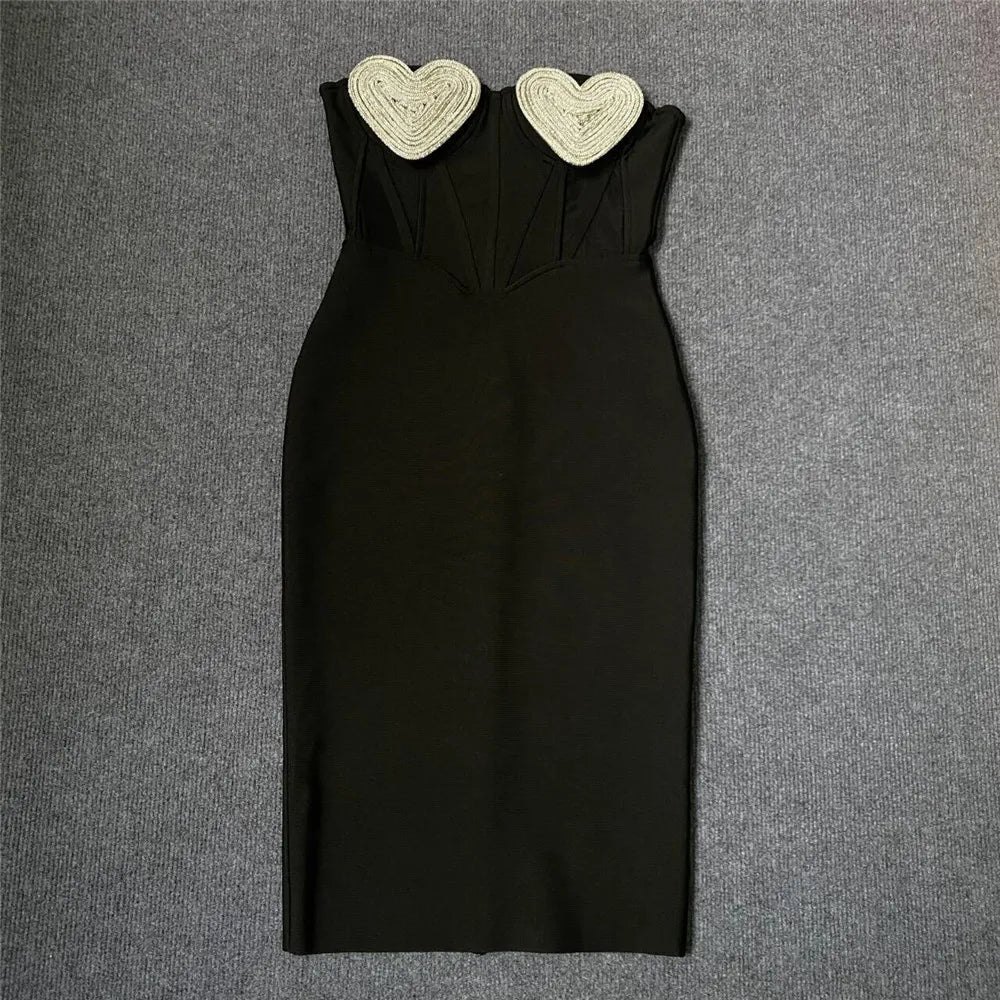 Heidi-Mode | Frauen Sexy Off The Shoulder Herz Diamant Strapless Bodycon Midi Bandage Kleid Nachtclub Fest Feiern Outfit