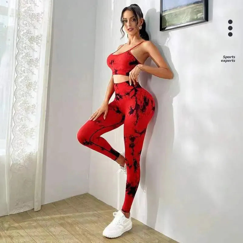Heidi-Mode | Tie Dye Yoga Damen Trainingsanzug Fitness Yoga Set Sportbekleidung Trainings-Bh und Hohe Taille Trainingshose Fitness Kleidung Nahtlose Sportsets