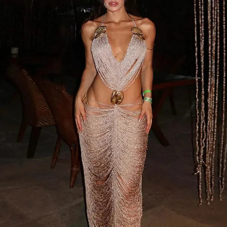 Heidi-Mode | Quasten Spaghetti-Träger Statement Maxi Kleid