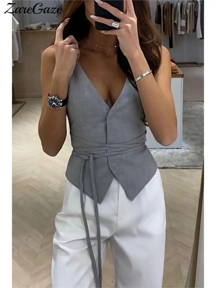 Heidi-Mode | Elegant Chic Schnür V-Ausschnitt Damen Weste Solid Dünn Ohne Ärmel Tops Female Frühling Sommer Mode Sexy Dame Streetwear