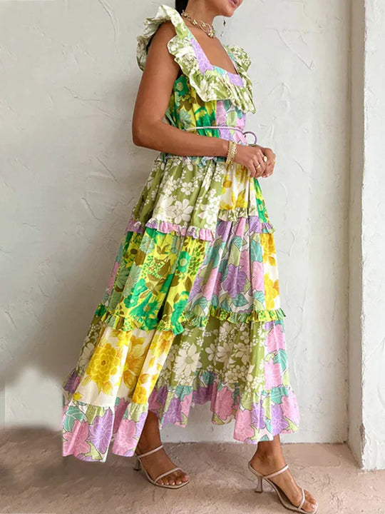 Heidi-Mode | Lgrq Trendy Rüschlinie Design Gedruckte Lange Kleider Sommer Rüschmode Ohne Ärmel Elegantes Luxus Kleid Mädchen