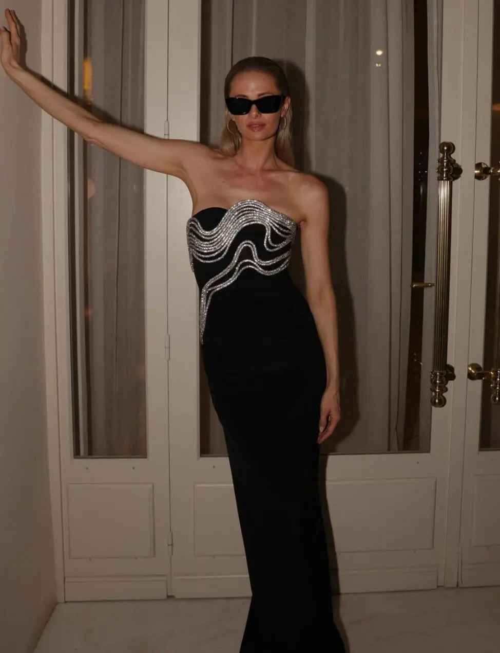 Heidi-Mode | Celebrity Roter Teppich Kleid Frauen Sexy Strapless Diamanten Linien Bodycon Bandage Lange Kleid Mode Elegant Abend Party Kleid