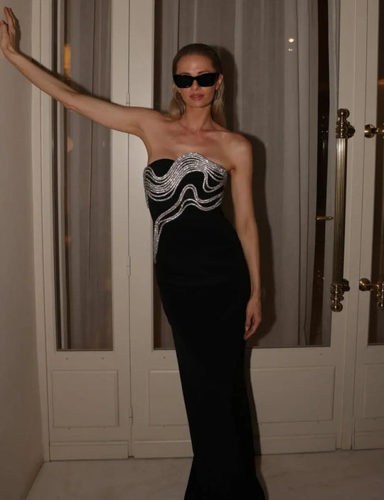 Heidi-Mode | Celebrity Roter Teppich Kleid Frauen Sexy Strapless Diamanten Linien Bodycon Bandage Lange Kleid Mode Elegant Abend Party Kleid