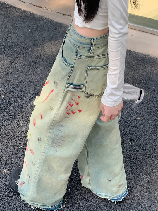 Heidi-Mode | Cyber Y2K Mode Ink Spray Jahrgang Blau Riss Baggy Neue Jeans Hosen für Frauen Kleidung Breite Beine Alte Gerade Damen Hosen