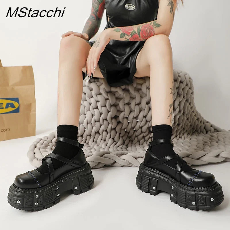 Heidi-Mode | Punk Stil Flach Plattform Schuhe Niete Schnalle Riemen Mary Janes Kreuz Riemen Schwarz Leder Dicke Sohle Schuhe Frauen Sandalen Sommer