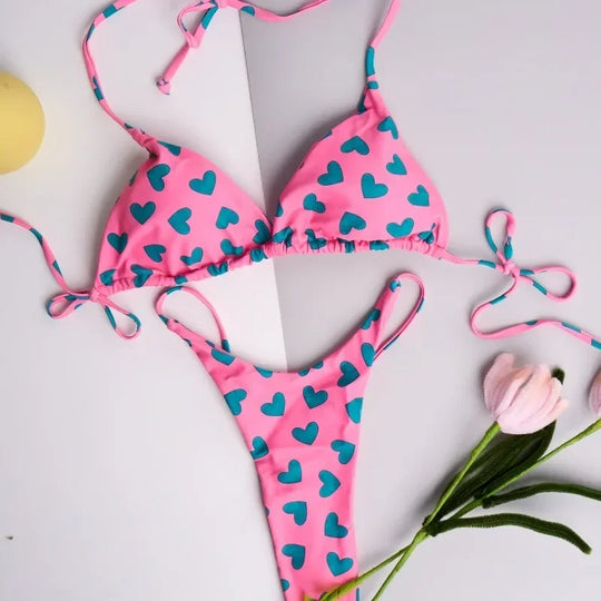 Heidi-Mode | Pink Badebekleidung Frauen Brasilianische Bikini Süße Herzprint Badeanzug Sexuelle Tanga Bikini Set Badeanzug Frauen Strandbekleidung