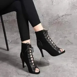 Heidi-Mode | Sandalen Höhle Mesh Absätze Gürtel Schnalle Damen Sommer Beige Schnürsenkel Sexy Offene Zehe Stiletto Jazz Tanz Fest Damenschuhe