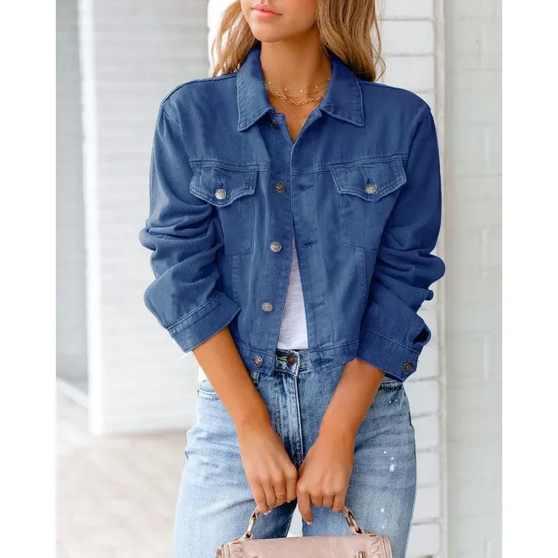 Heidi-Mode | Kurze Taschenjacke Mode Streetwear Einfache Knopf Trend Frauen Denim Jacken Lange Ärmel Herbst Neu Denim Denim Jacken