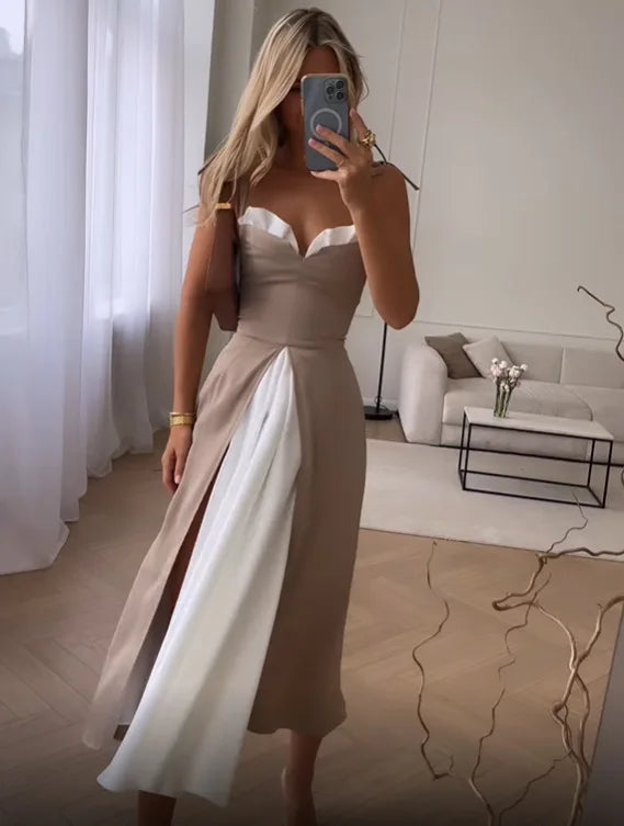 Heidi-Mode | Frauen Maxi Kleid Sommer Mode Lässig V-Ausschnitt Sling Nippet Taille Schlitz Lose Elegant Strand Sexy High Street Wear
