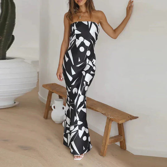 Strapless zeemeermin jurk met geometrische print