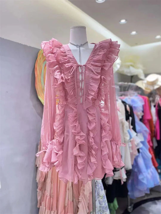 Heidi-Mode | Tossy V-Ausschnitt Schnürung Rüschensommerkleid für Frauen Mesh Bandage Hohe Taille Mode Abendkleid Kleid Weibliches Minikleid