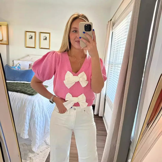 Heidi-Mode | Frühling Sommer Frauen Strickpullover Pullover Schleife Schnürung V-Ausschnitt Kurz Puffärmel Crop Weiblich Süß Rosa Weiß Streetwear