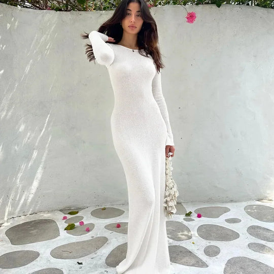 Heidi-Mode | Strick Rückenfreies Flare Ärmels Maxi Kleid
