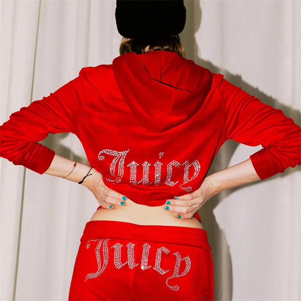 Heidi-Mode | Velours Trainingsanzug Frauen Langarm Hoodie Juicy Bling Shine Tops und Hose Zweiteilig Diamant Logo Druck Lässige Workout Kleidung