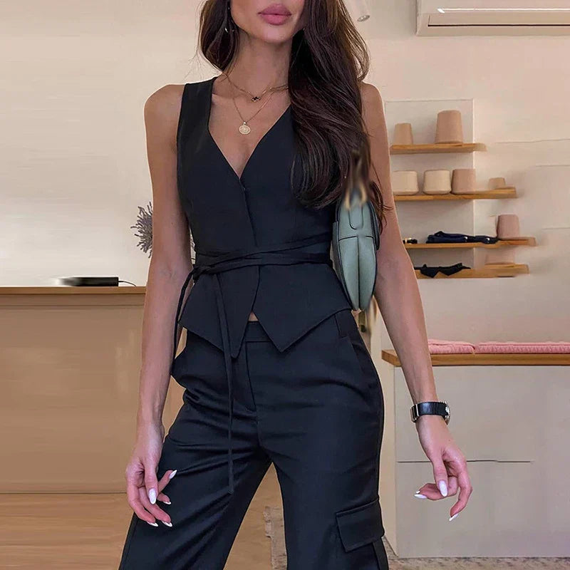 Heidi-Mode | Elegant Chic Schnür V-Ausschnitt Damen Weste Solid Dünn Ohne Ärmel Tops Female Frühling Sommer Mode Sexy Dame Streetwear