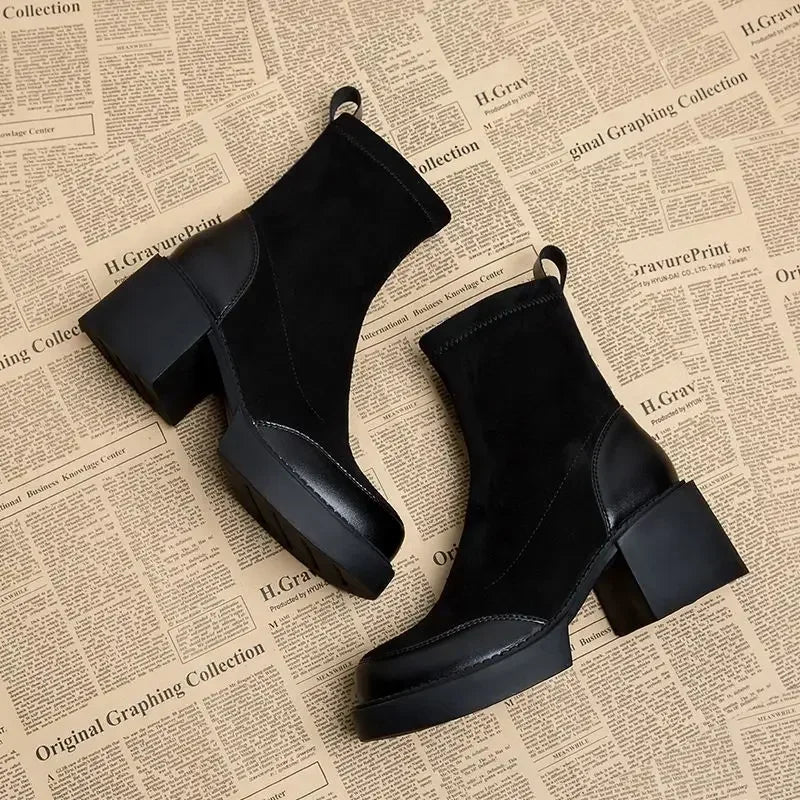 Heidi-Mode | Maogu Black Damen Kurze Knöchelschuhe Strumpfstiefel Kampfstiefel Hohe Absätze Wildleder Absätze Herbststiefel Slip-On Schuhe für Damen