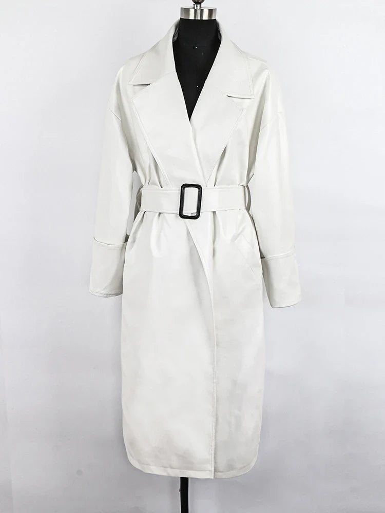 Heidi-Mode | Lautaro Lang Übergrößen Leder Trenchcoat für Frauen Lange Ärmel Revers Lose Passform Herbst Stilvolles Schwarzes Damenbekleidung Streetwear