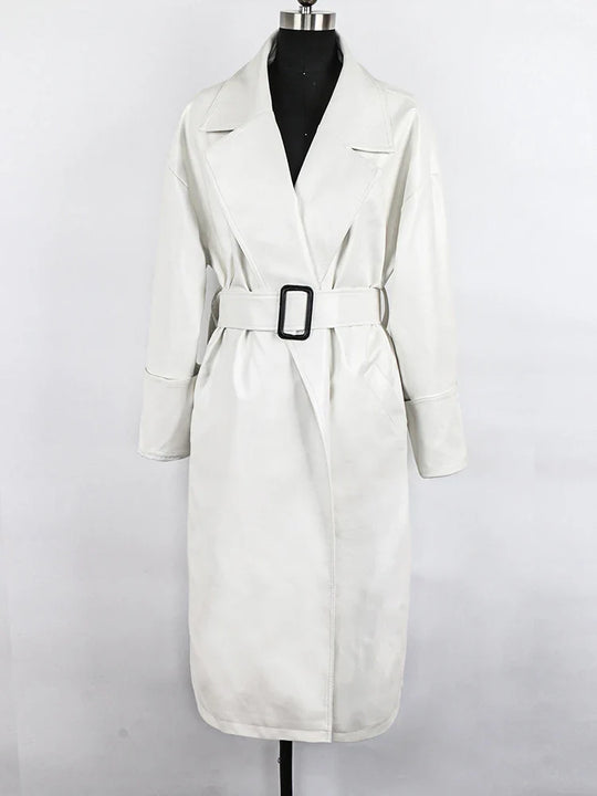 Heidi-Mode | Lautaro Lang Übergrößen Leder Trenchcoat für Frauen Lange Ärmel Revers Lose Passform Herbst Stilvolles Schwarzes Damenbekleidung Streetwear