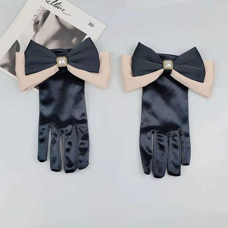 Heidi-Mode | Weinlese Schwarze Kurze Satin Hepburnhandschuhe